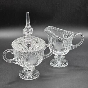 Vintage Clear Glass Crystal Footed Creamer & Sugar Set Etched Rose Pedestal
